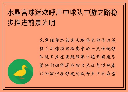 水晶宫球迷欢呼声中球队中游之路稳步推进前景光明