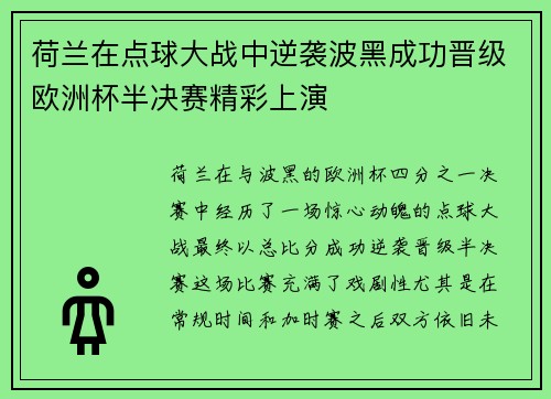 荷兰在点球大战中逆袭波黑成功晋级欧洲杯半决赛精彩上演